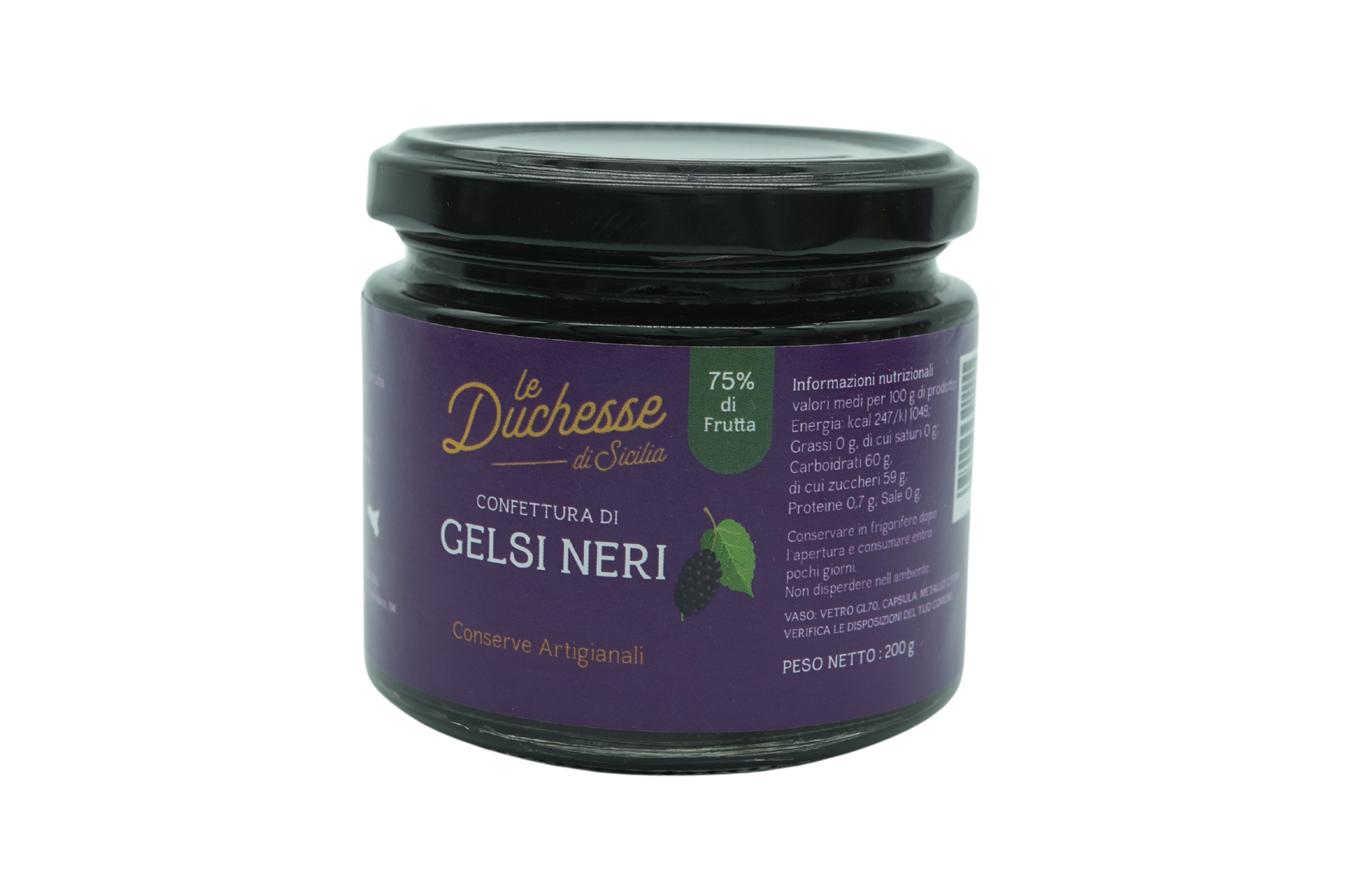 confettura di gelsi neri coltivati in Sicilia in vaso di vetro da 200gr.