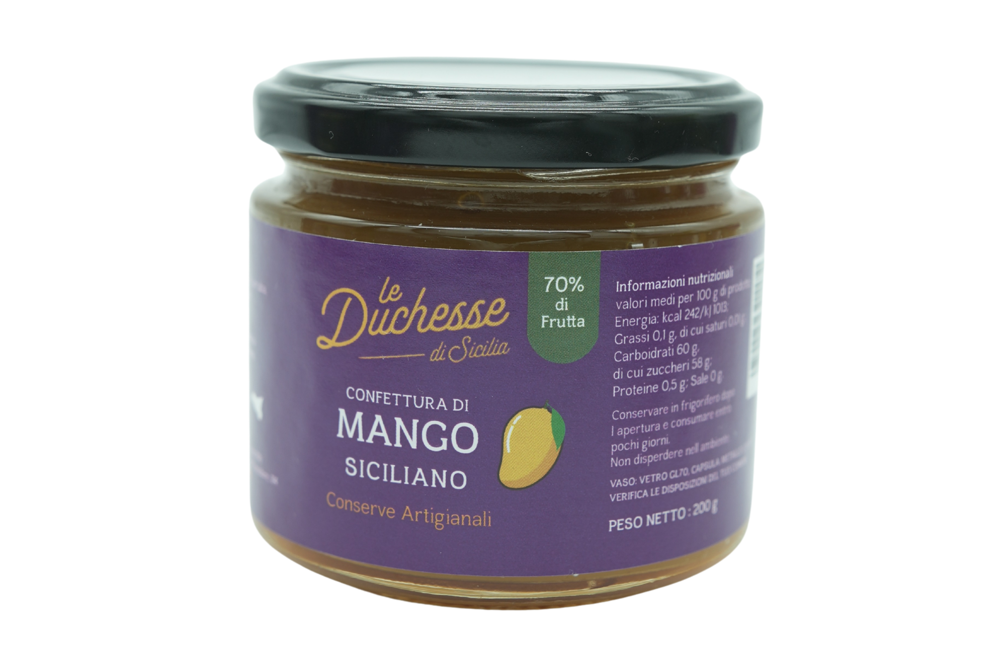 Confettura di Mango contivati in Sicilia in vaso di vetro da 200gr.